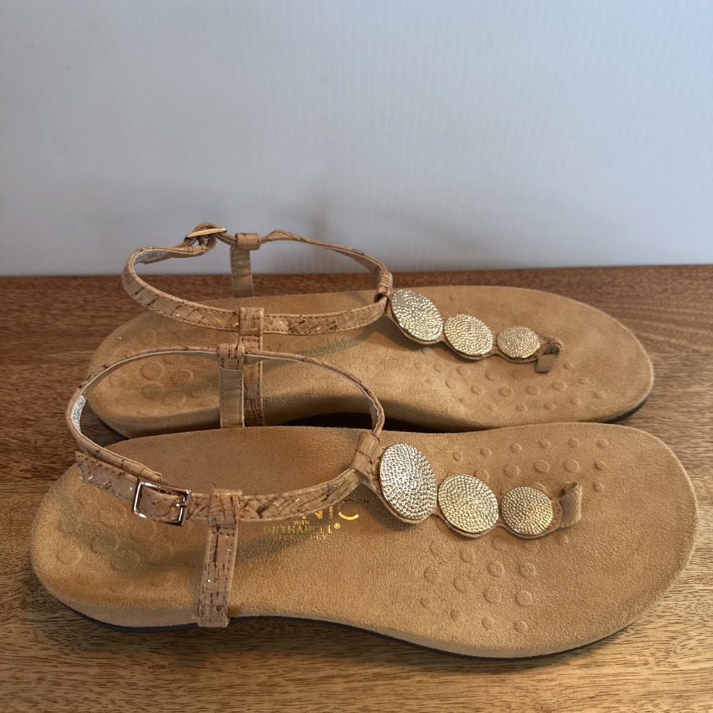 Vionic Lizbeth Sandal Women 10 Gold Cork Leather Orthotic Comfort T-Strap Buckle - Picture 4 of 13